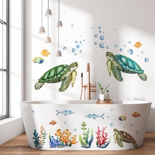 WandSticker4U®- Wandtattoo Badezimmer SCHILDKRÖTE I Wandbild: 90x76 cm I Fliesenaufkleber Bad Unterwasserwelt Meerestiere Deko Meer I Aufkleber Maritim Kinderzimmer Mädchen & Junge