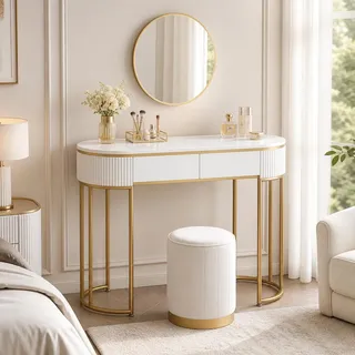 Makika Schminktisch LENA aus Holz mit Sitzhocker und Spiegel - Gold