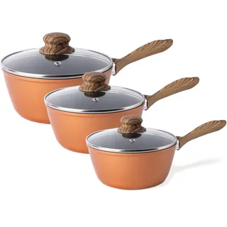 nuovva Antihaftbeschichtetes Kochtopf-Set – Induktionstopf mit Deckel – 3-teiliger Kupfer -Saucentopf – 16 cm, 18 cm, 20 cm Topf-Set
