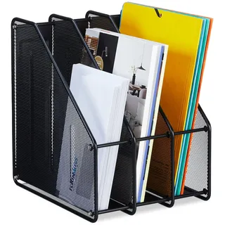 Relaxdays Stehsammler, A4, 3 Fächer, Mesh-Design, HBT: 31,5x24x29 cm, Büro & Home-Office, Stehordner, Metall, schwarz