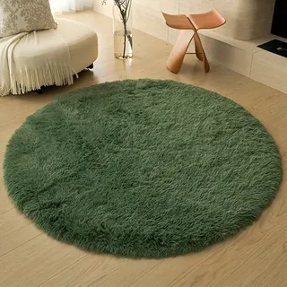 Swsen Rund Teppich Wohnzimmer Super Weich - Shaggy Teppiche Flauschig Anti-Rutsch Unterseite - Moderner Carpet Waschbar Langflor Hochflor Teppiche 90 cm Durchmesser, Dunkelgrün