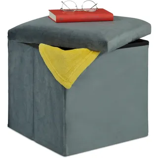 Relaxdays Sitzhocker, Sitzwürfel mit Stauraum, HxBxT: 38 x 38 x 38 cm, faltbar, Polsterhocker aus MDF & Samt, dunkelgrau