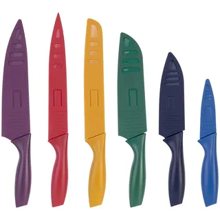 Rosenstein & Söhne Farbcodierte Messer: 6-teiliges Edelstahl-Küchenmesser-Set, Antihaftbeschichtung, bunt (Antihaftbeschichtung Messer, mit Klingenschutz)