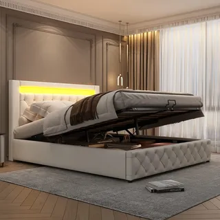 FAVSH Polsterbett 140x200 cm mit Stauraum, Doppelbett mit hydraulischem Bettkasten und Lattenrost, PU-Lederbett mit LED-Beleuchtung, Modernes Bettgestell für Schlafzimmer und Gästezimmer, Weiß