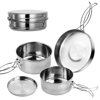 Dokeno 4 Teiliges Camping Geschirr Set, Edelstahl Outdoor Kochgeschirr, Faltbare Kochgeschirr Pot Plate, Camping Topf für Wandern Reisen, 1-2 Personen