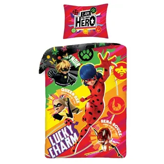 Halantex - MIR-4347BL - Wendbares Bettwäsche-Set Miraculous Lucky Charm mit Tragetasche - Bettbezug - mehrfarbig - 100% Baumwolle - 140 x 200 cm + 70 x 90 cm