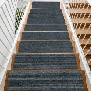 Meenewching Treppenstufen Matten 15 Stück, 55 x 22cm Selbstklebende Stufenmatten, Maschinenwaschbar Treppenteppich, Anti Rutsch Treppenmatten, für Familien mit Kindern, Senioren und Haustieren (Grau)