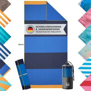 Blumtal Strandtuch XXL aus Mikrofaser - kompaktes und schnelltrocknendes Handtuch/Strandhandtuch 90x180 - Stranddecke sandfrei mit Band - Microfaser Handtücher - Stranddecke in Blau gestreift