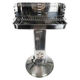 Säulengrill mit höhenverstellbarem Grillrost, Klapp-Haltegriffen, Warmhalterost, Belüftungshebel, Windschutz und Ascheschublade aus rostfreiem Edelstahl