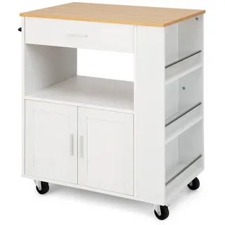 FANTASK Servierwagen mit Rollen, Küchenwagen Rollbar mit Arbeitsplatte & Schublade & Handtuchhalter & 3 Gewürzregalen, Rollwagen Holz für Küche, Esszimmer und Bar, Weiß