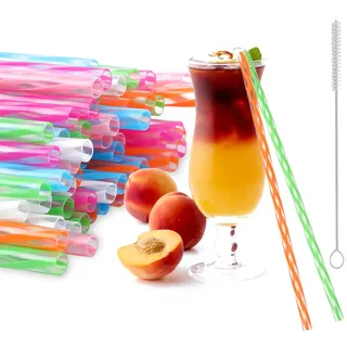 JANYUN Strohhalme Plastik, 72 Stück Strohhalme Wiederverwendbar Bunte Trinkhalme Plastik mit 2 Strohhalmbürsten 23 CM Plastikstrohhalme für Saft Cola Milchcocktails