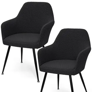 2PCS Stretch Stuhlbezu Stuhlhussen mit Armlehne Elastischer Stuhlbezug | Schwarz Jacquard Stuhl Abdeckung Esszimmer Stuhlhussen mit Gebogener Rückenlehne für Esszimmerstühle