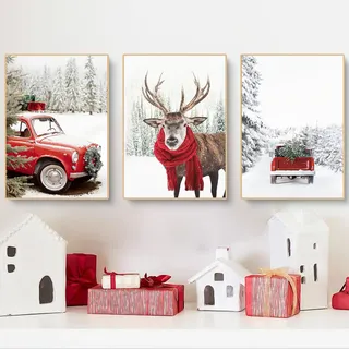CULASIGN 3er Weihnachten Poster Set, Moderne Winter Wandbilder, Premium Bilder Kunstdrucke Schnee, Rentier, Rot Auto, OHNE Rahmen, Wanddeko Wohnzimmer & Schlafzimmer (ABC,30x40cm)