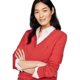 Tommy Hilfiger Damen Pullover Jersey V-Neck Strickpullover, Rot (Terra Red), XS