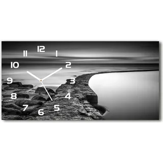 Wanduhr aus Glas – 60x30 cm - Glasbild - Glasuhr - Gehärtetes Glas - weisse-zeiger - Steiniger Strand - Weiß