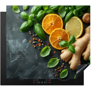 KitchenYeah© Herdabdeckplatte Einteilig Induktionsmatte Küche Abdeckung | 60x52 cm - Glaskeramikkochfeld Herd Abdeckplatte Deko Vinyl Matte Aufrollbar Kräuter - Obst - Beton - Ingwer - Blätter