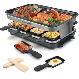 Raclette 8 Personen Tischgrill Elektrisch, Raclette Grill mit 8 Mini Pfännchen & 4 Holzspatel Stufenlos Regulierbare Temperatur, 1500W, Antihaftbeschichtet, Edelstahl