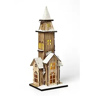 HEITMANN DECO dekorative Holz-Kirche mit LED-Beleuchtung - naturbelassenes Holz mit beschneitem Dach - Weihnachtsdeko, 13 x 10 x 33 cm