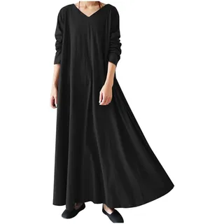 TRIGLICOLEUM Winterkleid Damen Vintage Einfarbige Maxikleid Lose Baggy Kaftan Langarm V-Ausschnitt Pulloverkleid Warme Baumwolle Langes Kleid Freizeitkleid Tägliches Urlaubskleid Große Größen 5XL