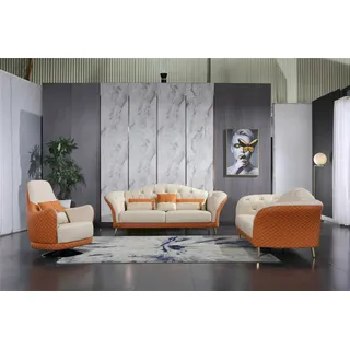 JV Möbel Luxus 3+1+1 Set orange-weißes Couchset - Orange, Weiß
