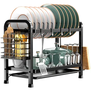 Astoryou Abtropfgestell Geschirr, 2-stufiges Geschirrabtropfgestell Schwarz, Geschirr Abtropfständer Edelstahl mit Utensilienhalter und Abtropfschale Dish Drainer für Trockne die Spüle (41*20*34 cm)