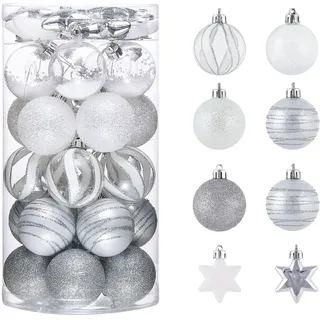 Victor's Workshop Weihnachtskugeln,35 stück 5cm Christbaumkugeln Weihnachtskugel Transparent,Weihnachtsbaumschmuck Christbaumschmuck mit Aufhänger,deko Weihnachten,Thema Silber Weiß