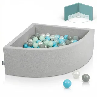 KiddyMoon Eckiges Viertel Bällebad 90x30 cm mit 200 Bälle 7 cm Schaumstoff Bällepool für Baby und Kleinkinder - Hellgrau: Perle Grau Transparent Babyblau Minze