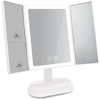EMKE Beleuchteter Schminkspiegel, Tri-Pli, LED-Make-up-Spiegel mit Vergrößerungen 1x/5x/7x, tragbarer Tischspiegel mit Touchscreen, 3 Beleuchtungseffekte, wiederaufladbar über USB, Weiß