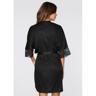 Morgenmantel BONPRIX Gr. 48, schwarz, 48/50 (XL), Satin, Hausmäntel, Morgenmantel, im Kimono-Stil, aus Satin mit Spitzendetails, abnehmbarer Bindegürtel