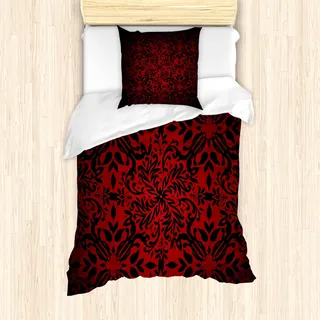 ABAKUHAUS Rot und Schwarz Mantele, Orient Blumen Blätter, Milbensicher Allergiker geeignet mit Kissenbezügen, 135 cm x 200 cm - 80 x 80 cm, Vermilion Schwarz - Rot