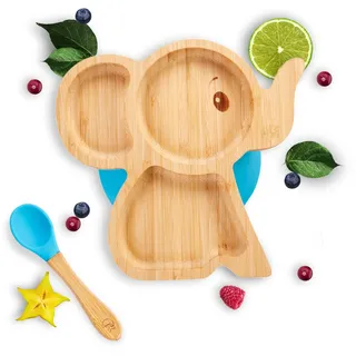 Kleiner Fuchs Hochwertiges Bambus Teller mit Saugnapf, Rutschfestem mit passendem Baby Löffel Macht Mahlzeiten Spaß, Geschirr Set mit Geschenkbox - Essenlernen mit Elefant Design
