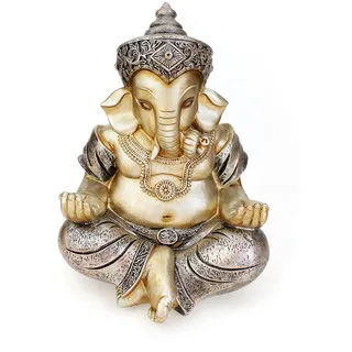 TEMPELWELT® Deko Figur Ganesha 21 cm, Polystein Champagner Gold antik-Silber, Elefantengott Statue sitzend, Hindu Gott Ganesh Elefant, Buddha Indien Asien