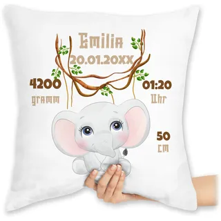 Kissen 40x40 Zierkissen - Zur Geburt - Geburtsgeschenk Elefant Datum Gewicht Uhrzeit Größe - 40 x 40 cm - Weiß - personalisierte babygeschenk neugeboren löwin personalierste geschenke baby