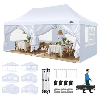 COBIZI Faltpavillon 3X6, Pavillon 3x6m Wasserdicht Stabil Winterfest, Faltbar Partyzelt mit 6 Seitenwänden & 4 Sandsack Pop up Gartenpavillon Anti-UV für Hochzeiten, Freien, Weiß