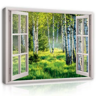 Leinwand Bilder Wald Fenster Natur Leinwandbild XXL Wandbilder Wandbild Wohnzimmer - 100x75 cm | Premium Leinwand