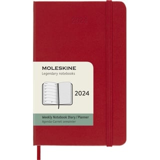 Moleskine 12 Monate Wochen Notizkalender 2024, Pocket/A6, 1 Wo = 1 Seite, Rechts Linierte Seite, Fester Einband, Scharlachrot