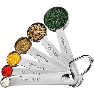 Messlöffel-Set Edelstahl Teelöffel 6 Stück Cup Messbecher Klein Löffel Set mit Skala, 6-Teilige Gewürzlöffel Esslöffel Dosierlöffel für Klein Gewürzgläser Trockenrationen Flüssigkeit Backmessen