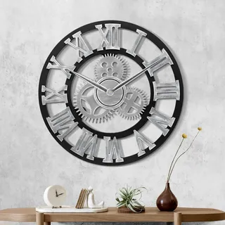 Lafocuse Holz Wanduhr Groß Industrial Silber, Lautlos Wanduhr Vintage 60cm XXL, Zahnrad Römische Ziffern Steampunk Gross für Wohnzimmer Küche
