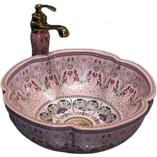 Badezimmergefäß Waschbecken im europäischen Stil, rosa Glücksblume aus Keramik, oberhalb der Theke, Waschbecken für Waschtischplatte