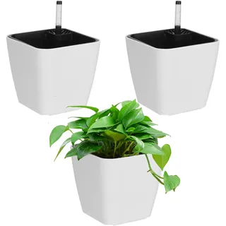 SEUICYNE 3 Stück 14cm Selbstbewässerung Blumentopf Plastik, Eckig Selbstbewässerungstopf mit Wasseranzeiger Weiß Kräuter Selbstbewässerung Pflanzentopf Kunststoff für Außenbereich Innen