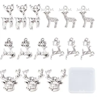 SUNNYCLUE 1 Box mit 50 Weihnachtshirsch-Anhängern, Rentier-Charms aus antikem Silber, Hirsch, kleiner Elchkopf, Tier-Anhänger, Hirschgeweih, niedliche Tiere, Anhänger aus Legierung, Charms für die
