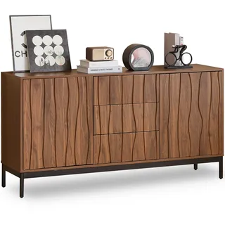 Sideboard Retro Sideboard Anti-Kipp Grifflose Kommode mit 2 Türen, 3 Schubladen, Mehrer Stauraum, verstellbare Einlegeböden, Rückprallstellsetzung - Dunkelbraun