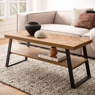 FineBuy Couchtisch 100x40x41 cm Sofatisch Braun mit Fischgrät-Muster Wohnzimmertisch Rechteckig Loungetisch Modern mit Ablage Kaffeetisch - Braun