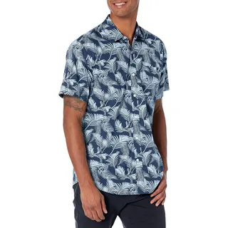 Amazon Essentials Herren Kurzärmeliges Sommerhemd mit Aufdruck, Normale Passform, Marineblau Blau Himmel Palmenwedel, 3XL-4XL