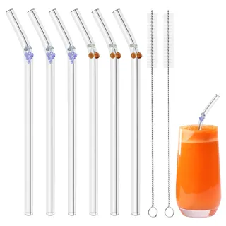 Glasstrohhalme mit Motiv, Trinkhalme Glas Design mit Bunte Traube und Kirsche, 6 Wiederverwendbar Gebogene Transparenten Trinkhalme & 2 Bürsten, Perfekt für Smoothies, Cocktail, Tee