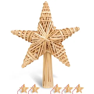 Weihnachtsbaumspitze Stern aus Stroh, Christbaumspitze Stern, Baumspitze Stern Weihnachten Handgemachter, Strohstern Spitze Groß mit 5pcs Mini Strohstern für Weihnachtsbaumschmuck