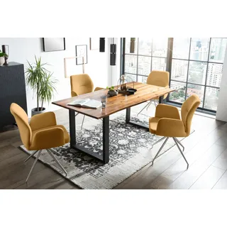 SalesFever "Tischgruppe für gemütliche Familienabende", Set, 5 Stk. tlg. Tischplatte mit echter Baumkante, Gestell aus rostfreiem Edelstahl, cognac, schwarz, gelb, silber),