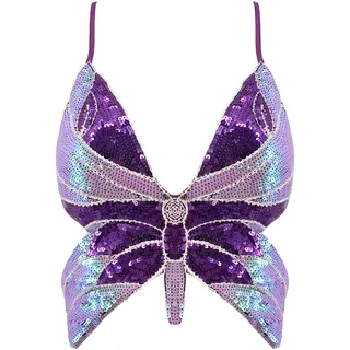 Mocure Damen Bauchfreies Top mit Pailletten und Schmetterlingen, niedrig geschnittenes Tanktop, Rave-Tube-Top für Bauchtanz-Kostüm-Outfits, Lila & Weiß Schmetterling, Einheitsgröße