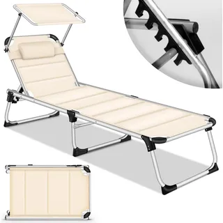 tillvex® Sonnenliege mit Dach und Kopfkissen Beige - Premium Polsterung | Gartenliege Liegestuhl klappbar | Strandliege mit verstellbarer Rückenlehne, gepolsterte Liegefläche | Aluminium Liege - Beige