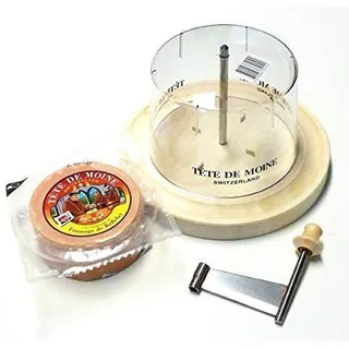 Girolle Original Swiss Made Set Käsehobel aus Ahornholz mit Halber Laib Tete de Moine Käse Mönchskopfkäse und Haube